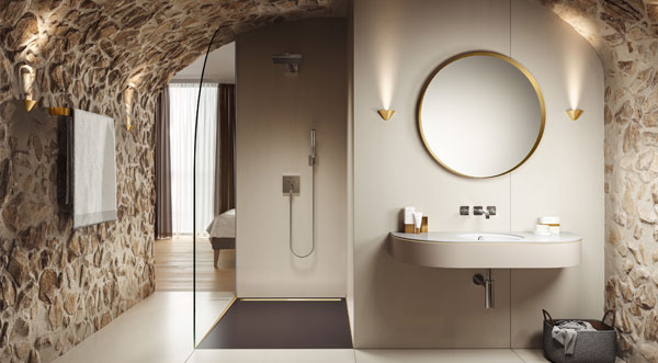 image of bathroom with brick walls and alcove ceiling
