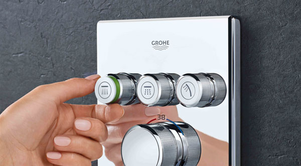 close up image of shower controls.