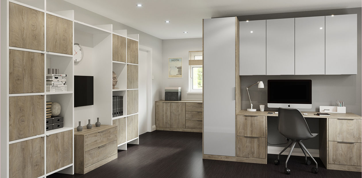 LifeSpace white shelving with Textura Endgrain oak and Furore Grey Silk